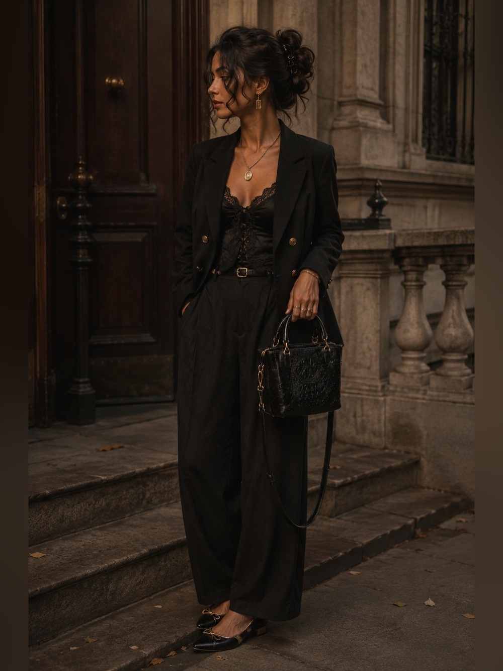 Black Faux Crocodile & Ostrich Embossed Mini Satchel Crossbody Bag One Size